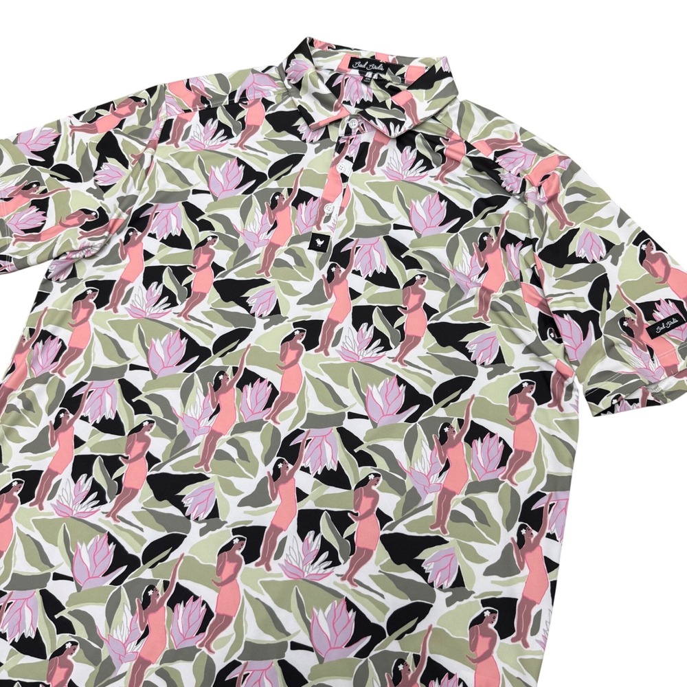 Bad Birdie Golf Polo Mens 2XL Pink Green Hula Dancer Tropical Floral Performance